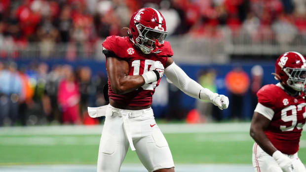 Alabama Crimson Tide linebacker Dallas Turner (15) celebrates after a sack in the second quarter against the Georgia Bulldogs in the SEC Championship at Mercedes-Benz Stadium. Mandatory Credit: John David Mercer-USA TODAY Sports